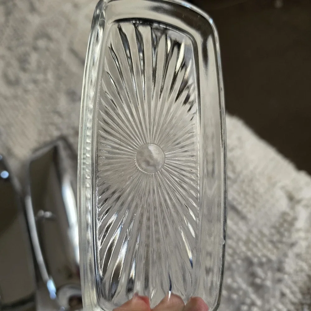 Vintage Rectangular Butter Stainless-Steel Dish with Glass Insert Chrome Metal
